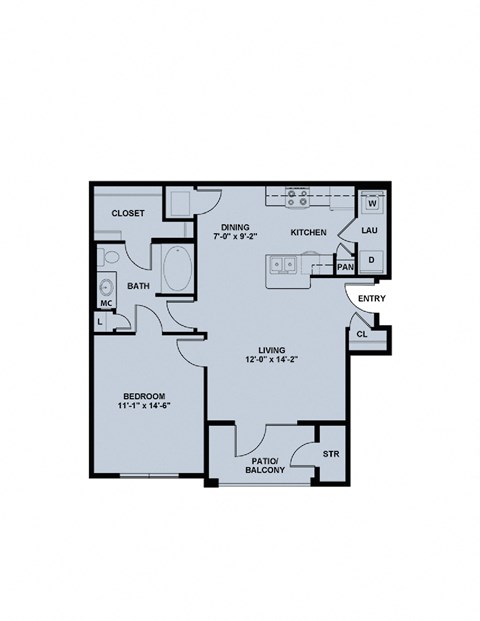 Floor plan for 1 bed, 1 bath, 772 sqft